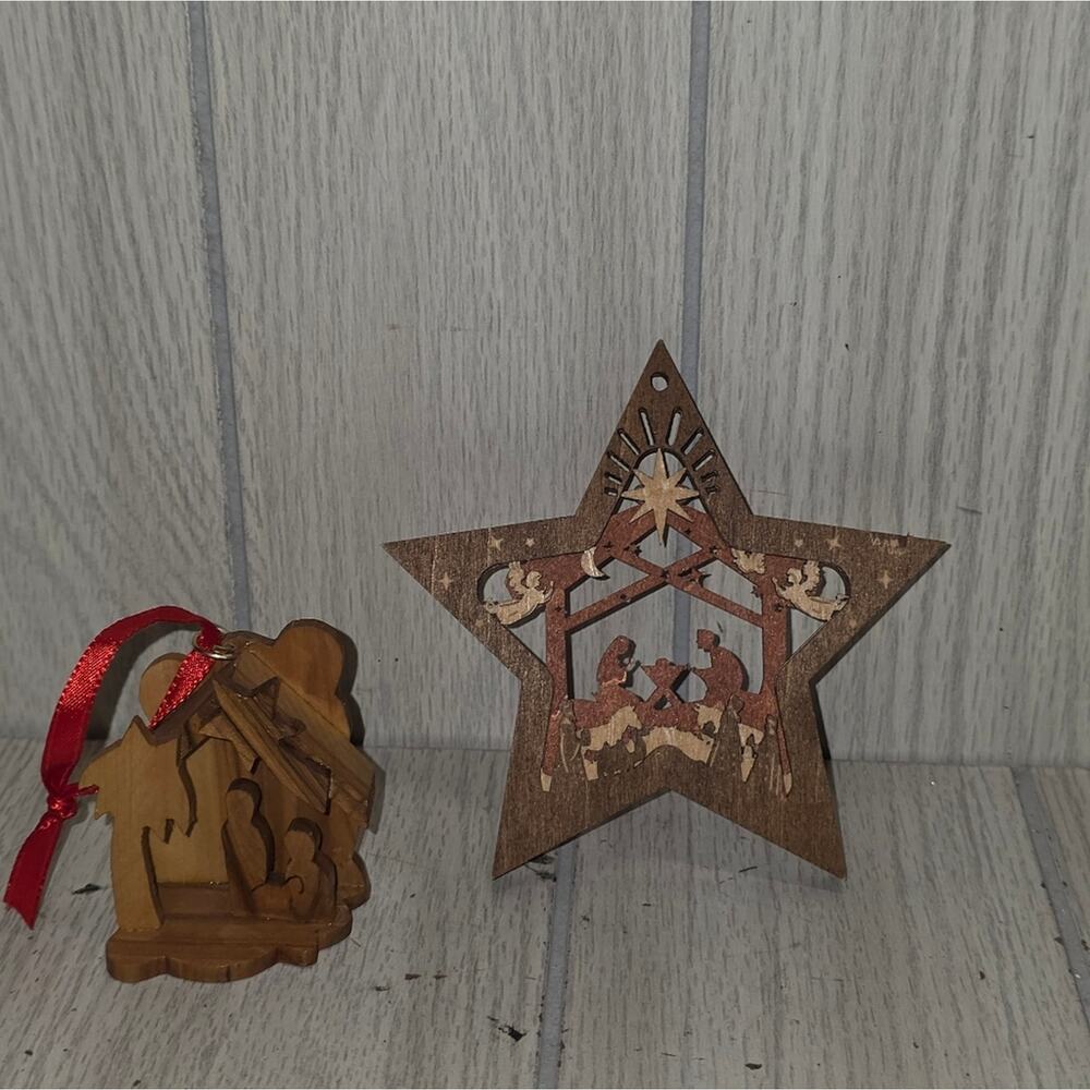 Vtg Wood Handcrafted Nativity Scene Ornaments Bethlehem Christmas Religious